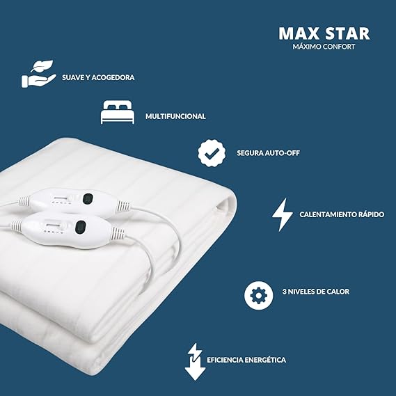 Max Star Calienta Camas Electrico Doble 160 x 140cm 3 Niveles de Calor 60W Proteccion sobre-Calentamiento Apto para Lavadoras Cubre Colchon Manta Electrica Grande