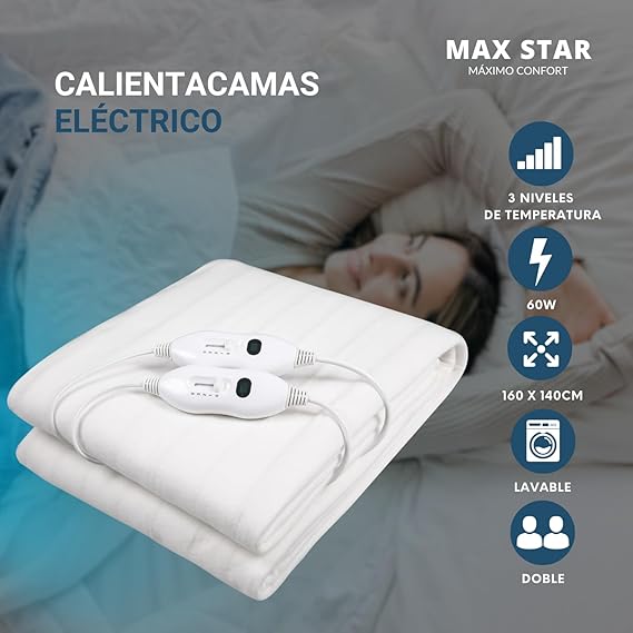 Max Star Calienta Camas Electrico Doble 160 x 140cm 3 Niveles de Calor 60W Proteccion sobre-Calentamiento Apto para Lavadoras Cubre Colchon Manta Electrica Grande