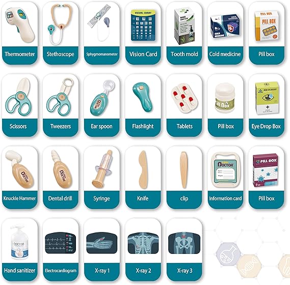 Kit médico de lujo para niños, juego de 26 piezas con estetoscopio de juego e instrumentos médicos