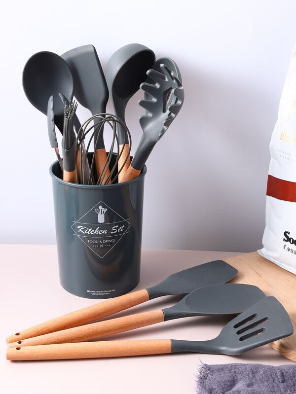 Set 23 Utensilios De Cocina De Silicona Antiadherente - madera