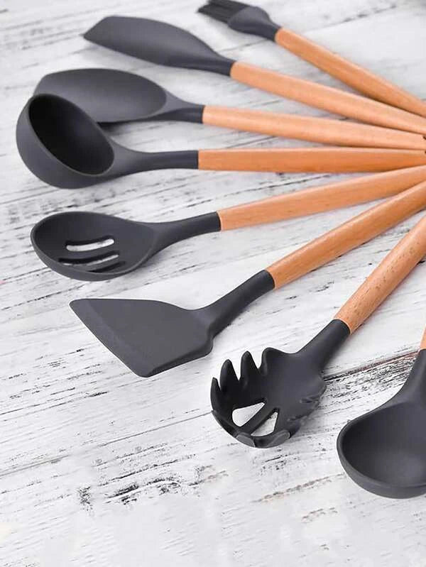 Set 23 Utensilios De Cocina De Silicona Antiadherente - madera