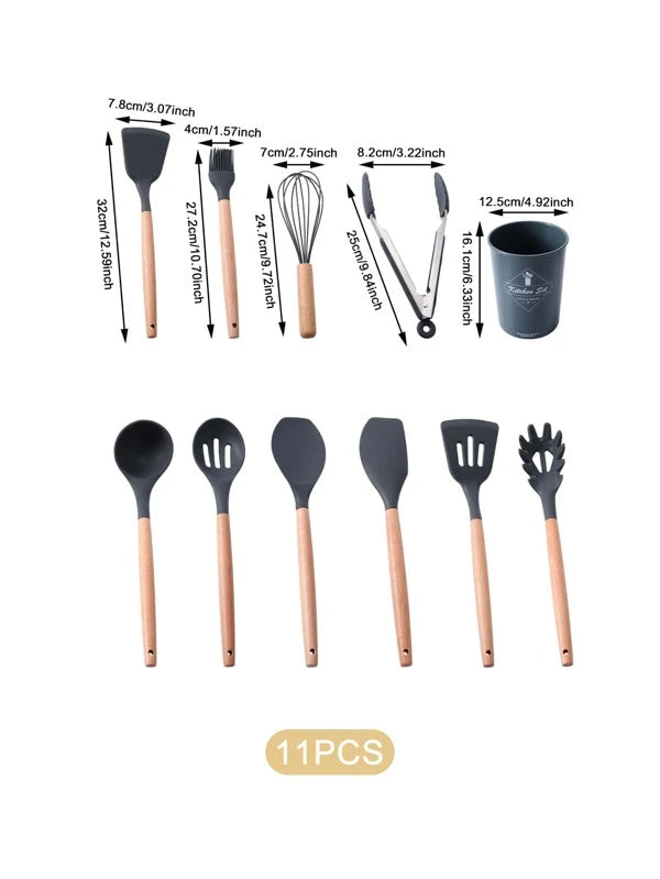 Set 23 Utensilios De Cocina De Silicona Antiadherente - madera