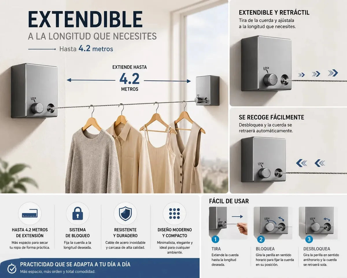 👕 Tendedero Retráctil de Pared — ¡Tendé la Ropa Sin Ocupar Espacio!
