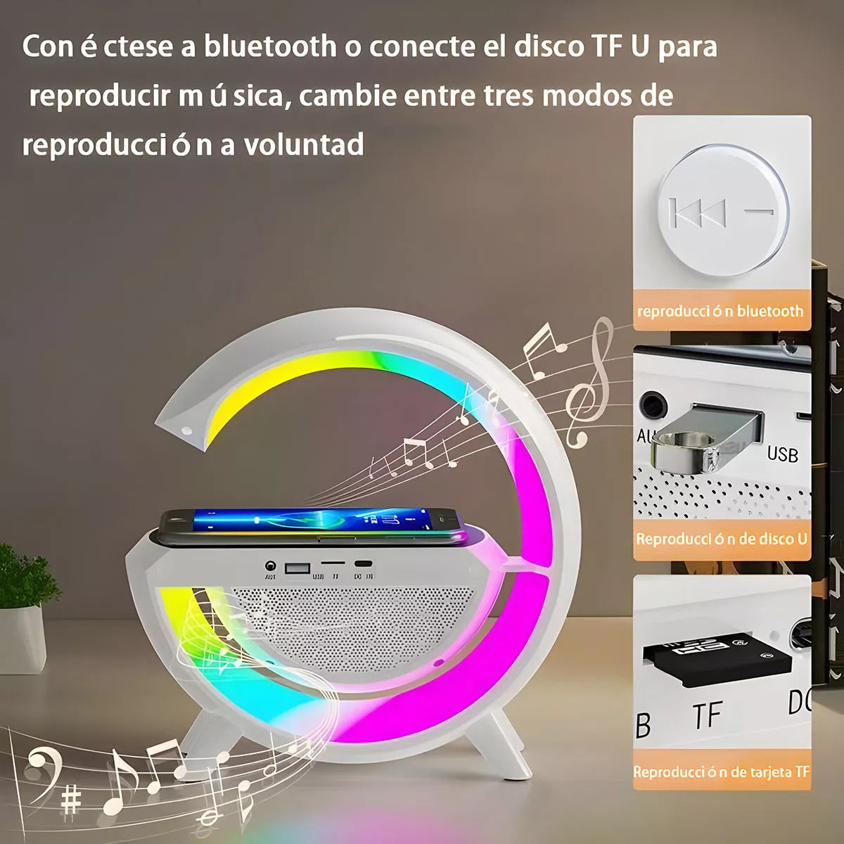 Lámpara De Luz Nocturna Cargador Inalámbrico 4 En 1 | Altavoz Bluetooth Despertador Carga Rápida De 15W