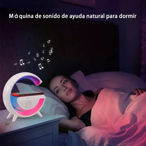 Lámpara De Luz Nocturna Cargador Inalámbrico 4 En 1 | Altavoz Bluetooth Despertador Carga Rápida De 15W