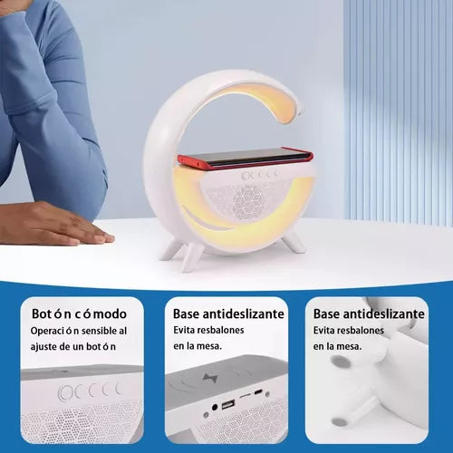 Lámpara De Luz Nocturna Cargador Inalámbrico 4 En 1 | Altavoz Bluetooth Despertador Carga Rápida De 15W