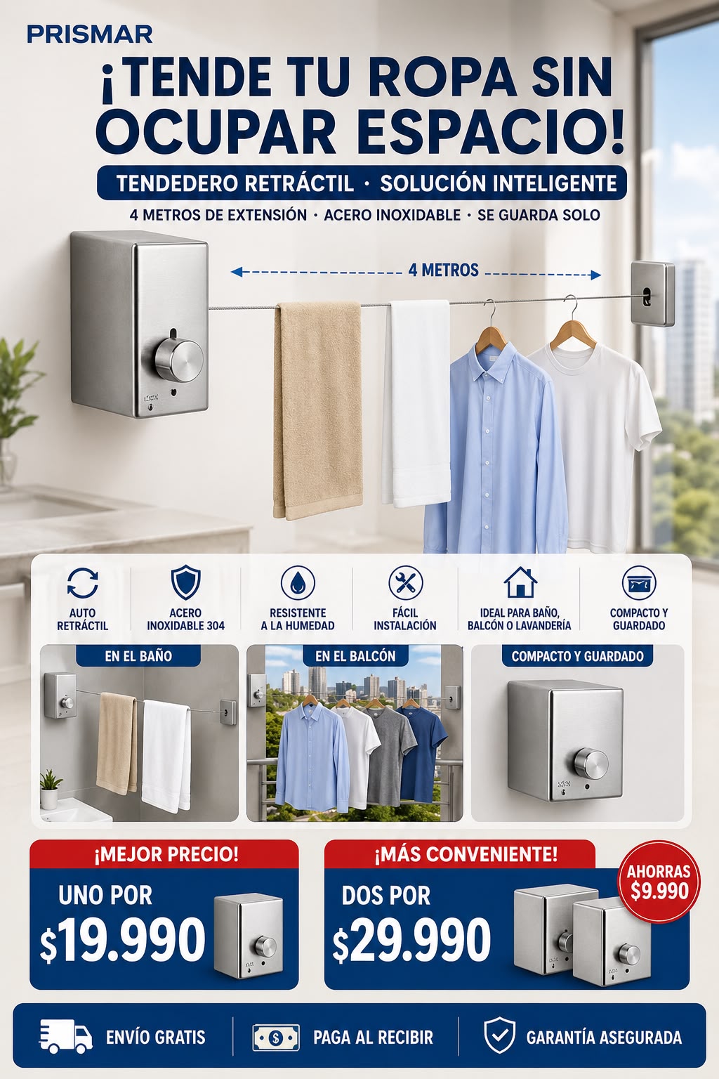 👕 Tendedero Retráctil de Pared — ¡Tendé la Ropa Sin Ocupar Espacio!