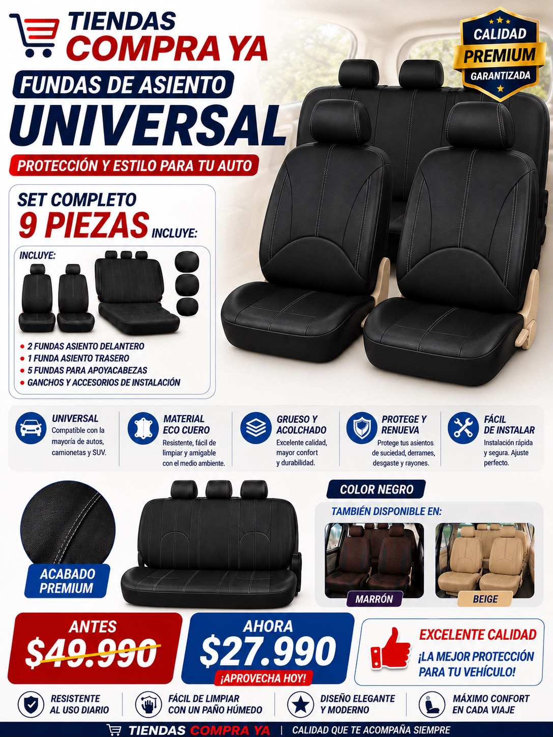 Cubre Asientos De Coche Cuero premium Universal Respirable 9 Piezas