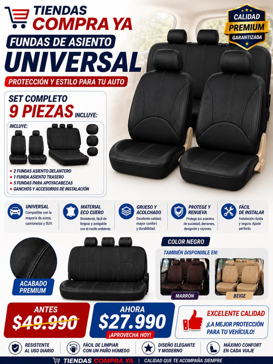 Cubre Asientos De Coche Cuero premium Universal Respirable 9 Piezas